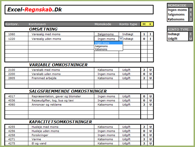 Kontoplan i Excel Regnskab